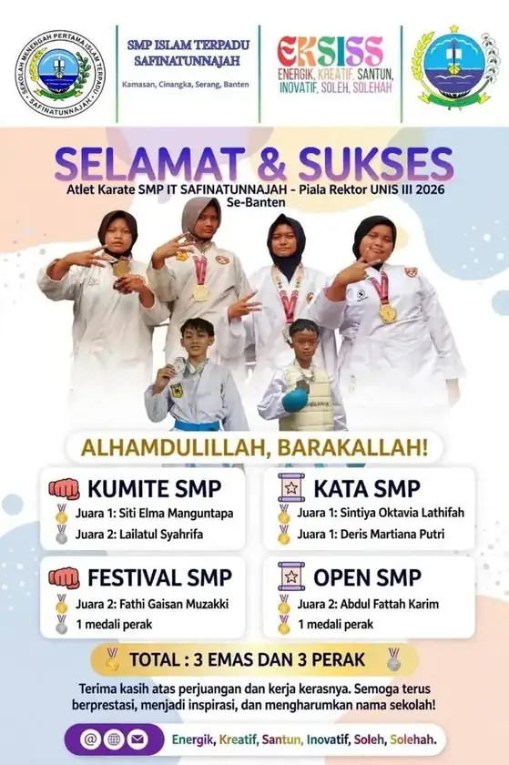 Poster ucapan selamat: 3 emas dan 3 perak karate